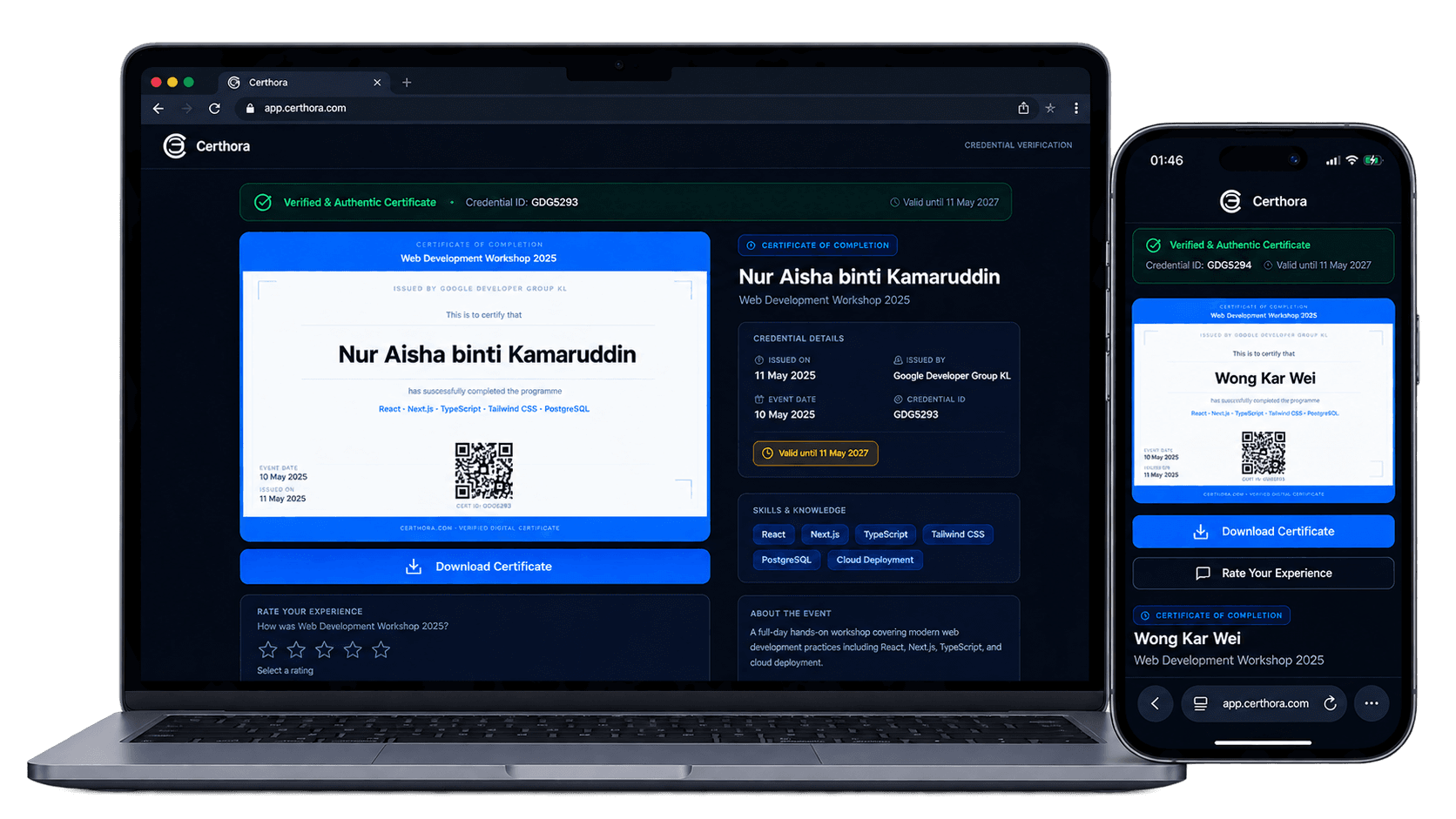 Certhora certificate verification page shown on laptop and phone